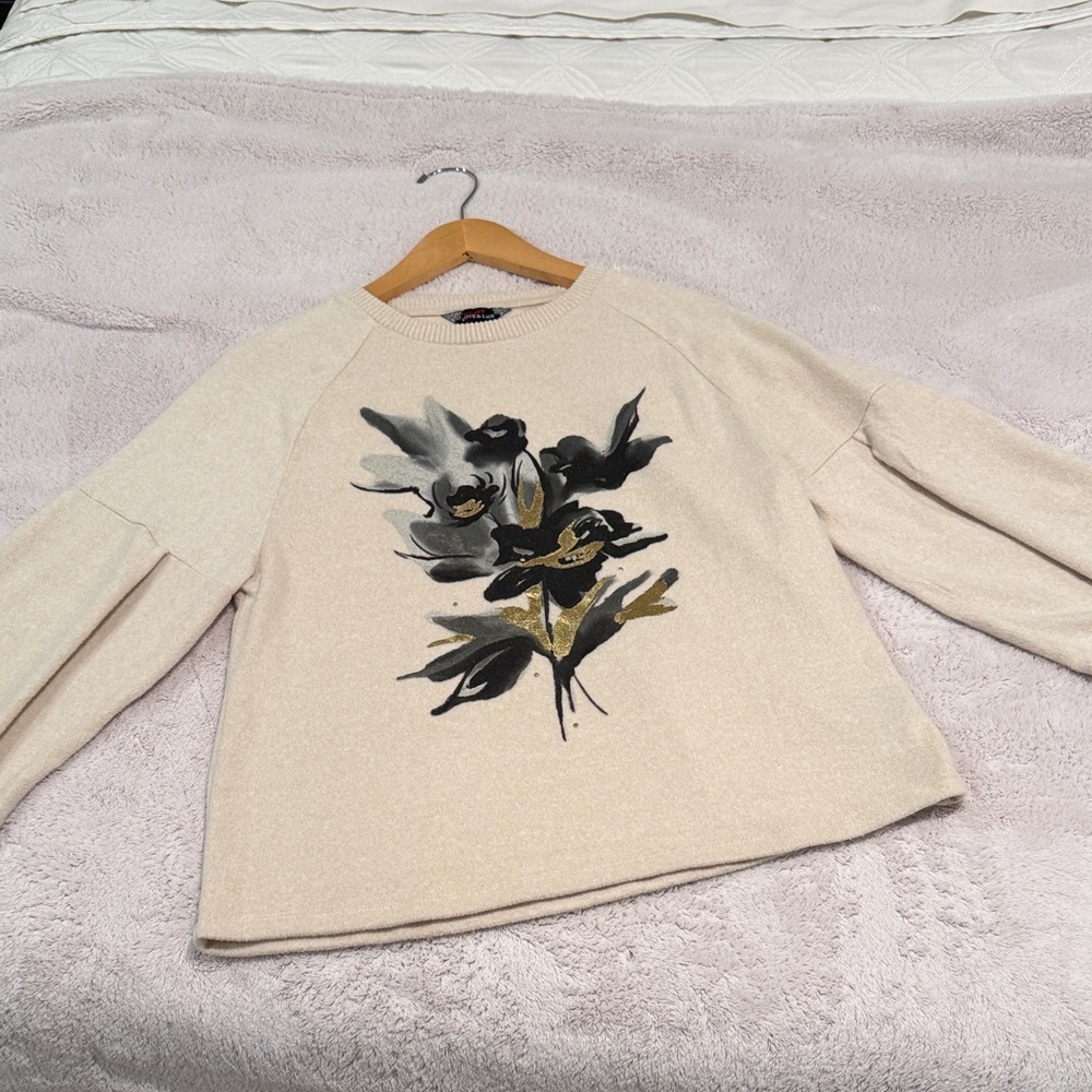 Floral Beige Long Sleeve Super Soft Sweater